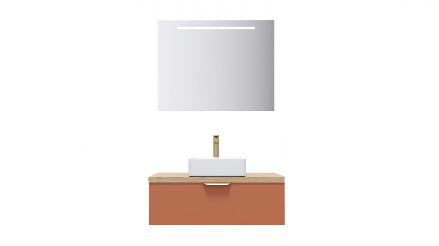 Meuble de salle de bain suspendu vasque à poser 90cm 1 tiroir Terracotta + miroir - Swing