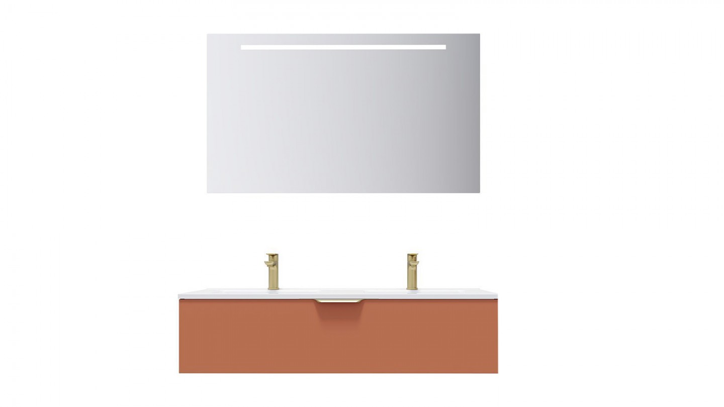 Meuble de salle de bain suspendu double vasque intégrée 120cm 1 tiroir Terracotta + miroir - Swing