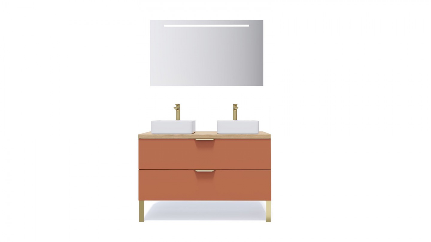 Meuble de salle de bain suspendu 2 vasques à poser 120cm 2 tiroirs Terracotta + miroir - Swing