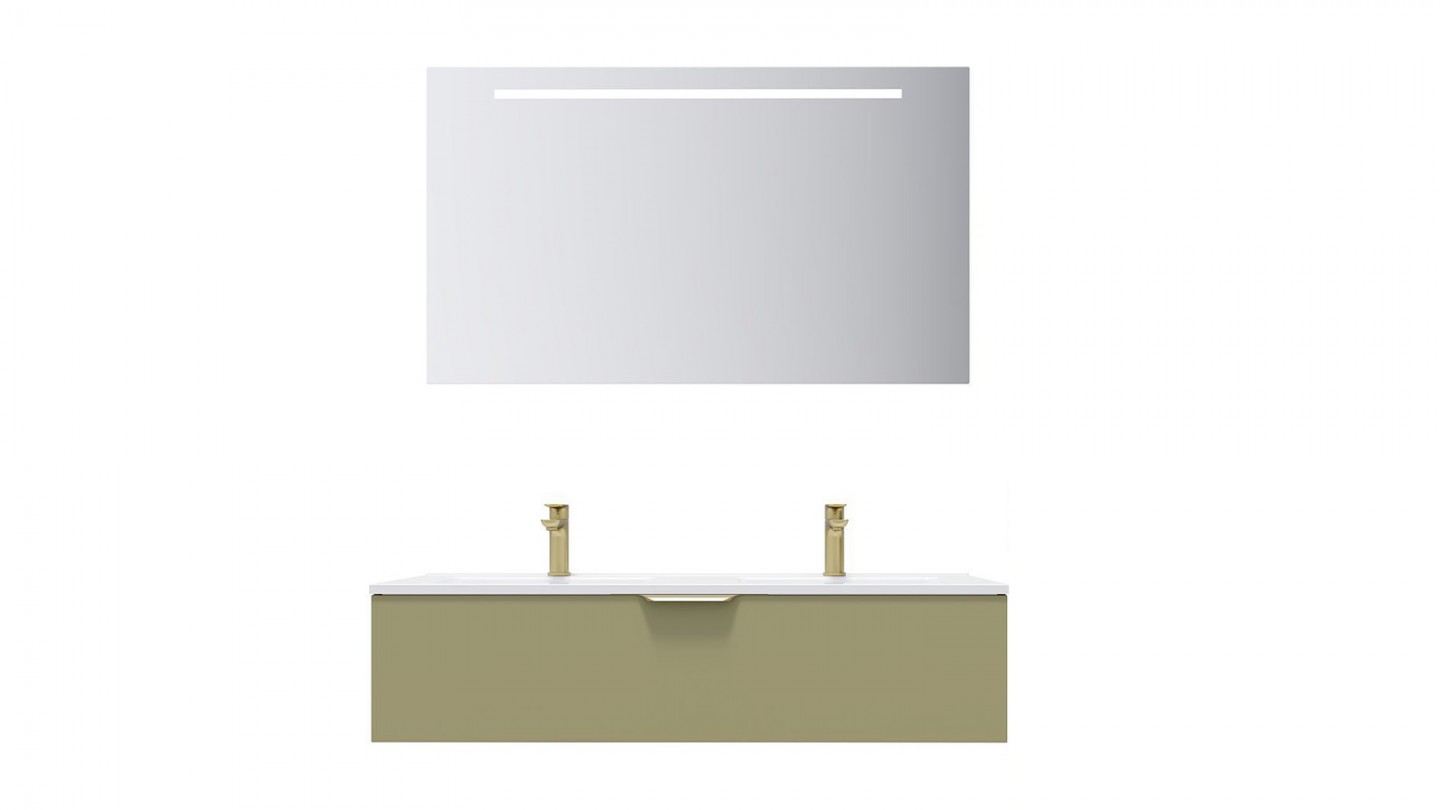 Meuble de salle de bain suspendu double vasque intégrée 120cm 1 tiroir Vert olive + miroir - Swing