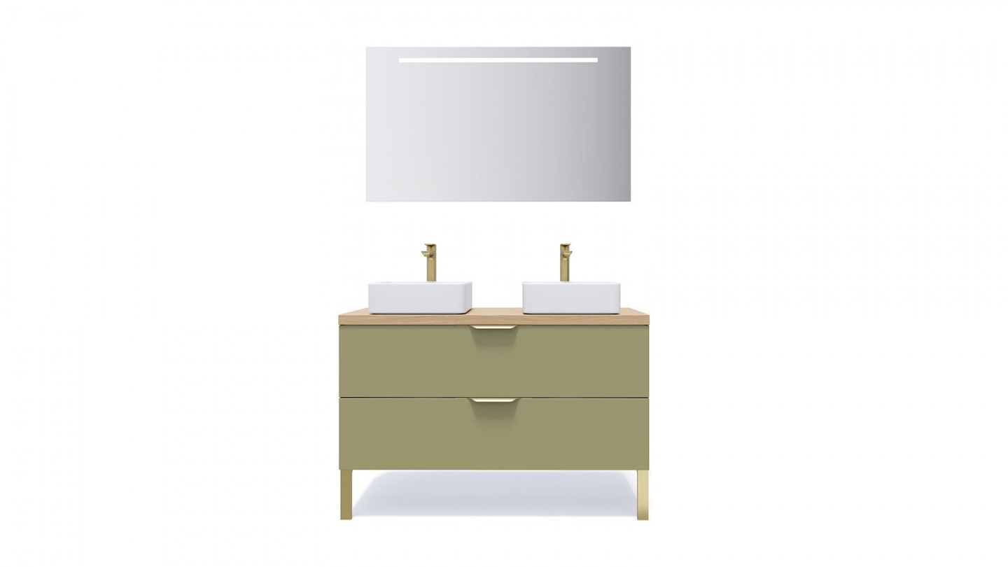 Meuble de salle de bain suspendu 2 vasques à poser 120cm 2 tiroirs Vert olive + miroir - Swing