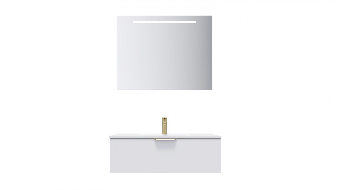 Meuble de salle de bain suspendu vasque intégrée 90cm 1 tiroir Blanc + miroir - Swing