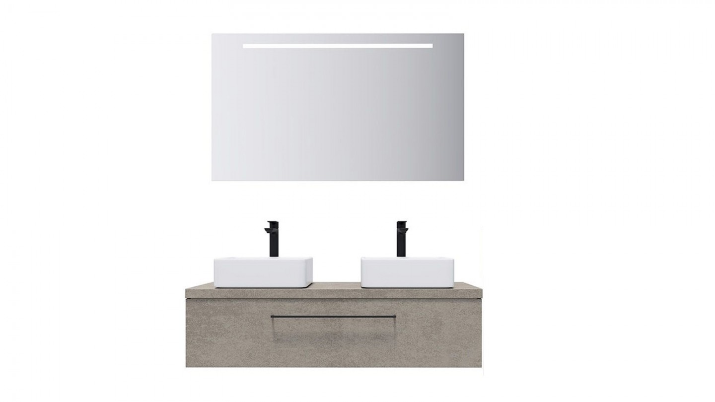 Meuble de salle de bain suspendu 2 vasques à poser 120cm 1 tiroir façon Béton + miroir - Osmose