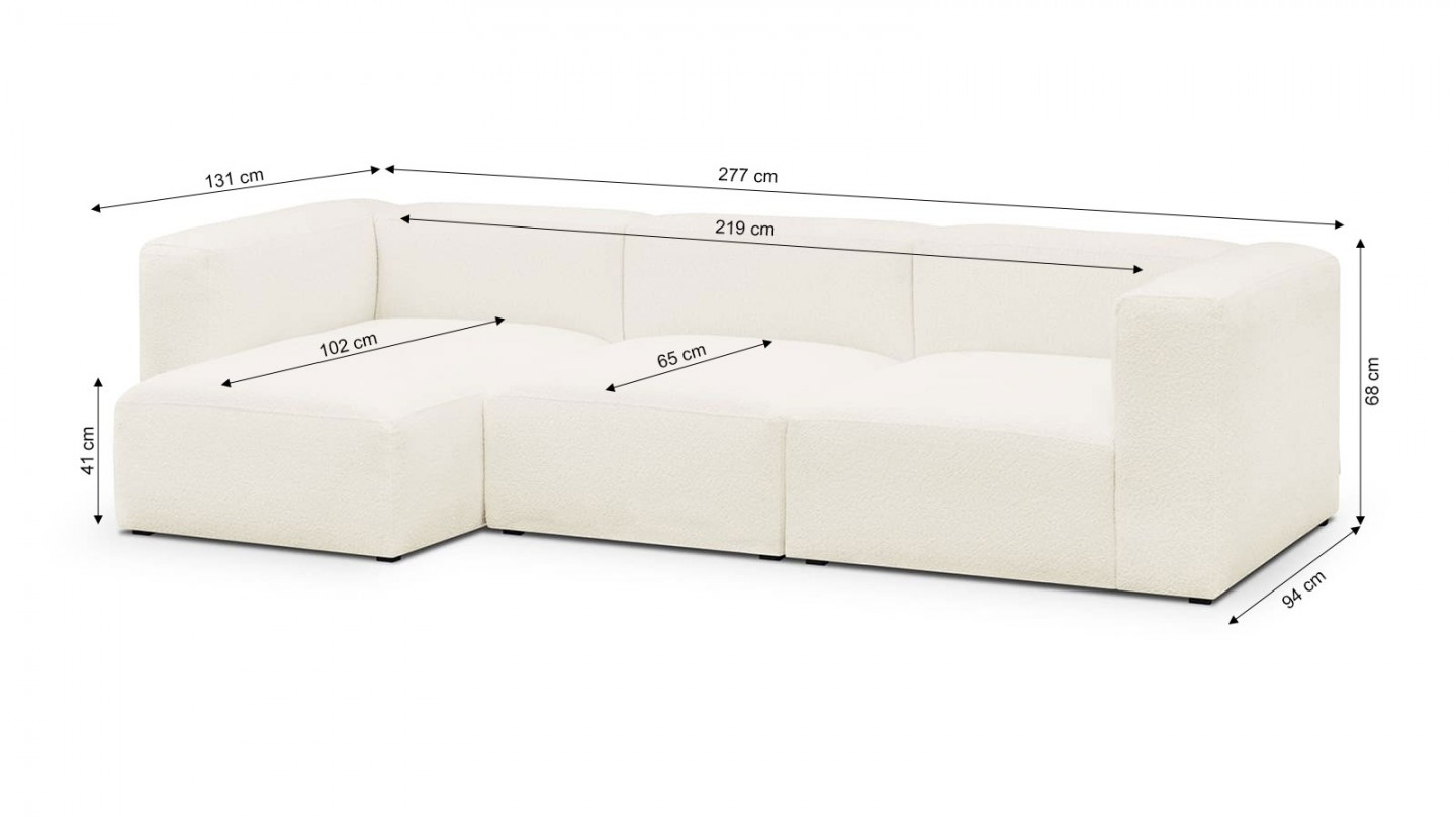 Canapé d'angle à gauche modulable avec méridienne 4 places en tissu bouclette écru - Modulo