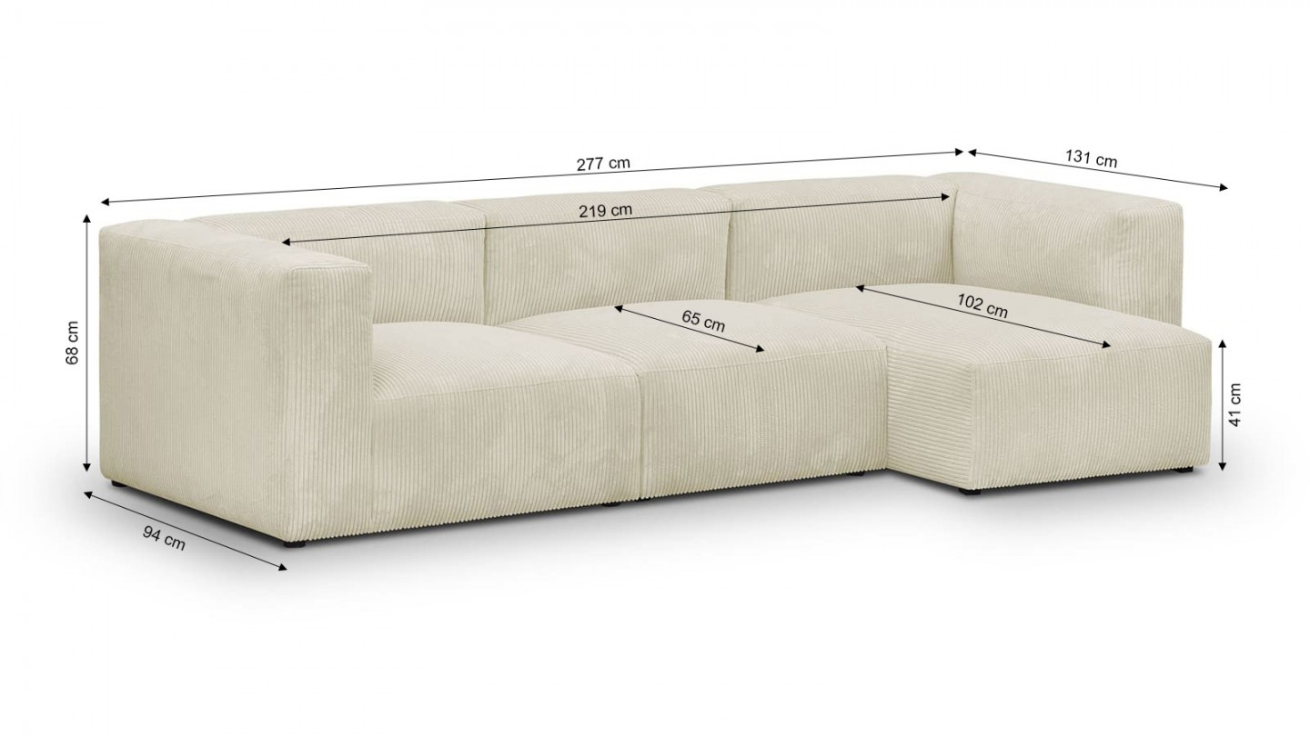 Canapé d'angle à droite modulable avec méridienne 4 places en velours côtelé beige - Modulo
