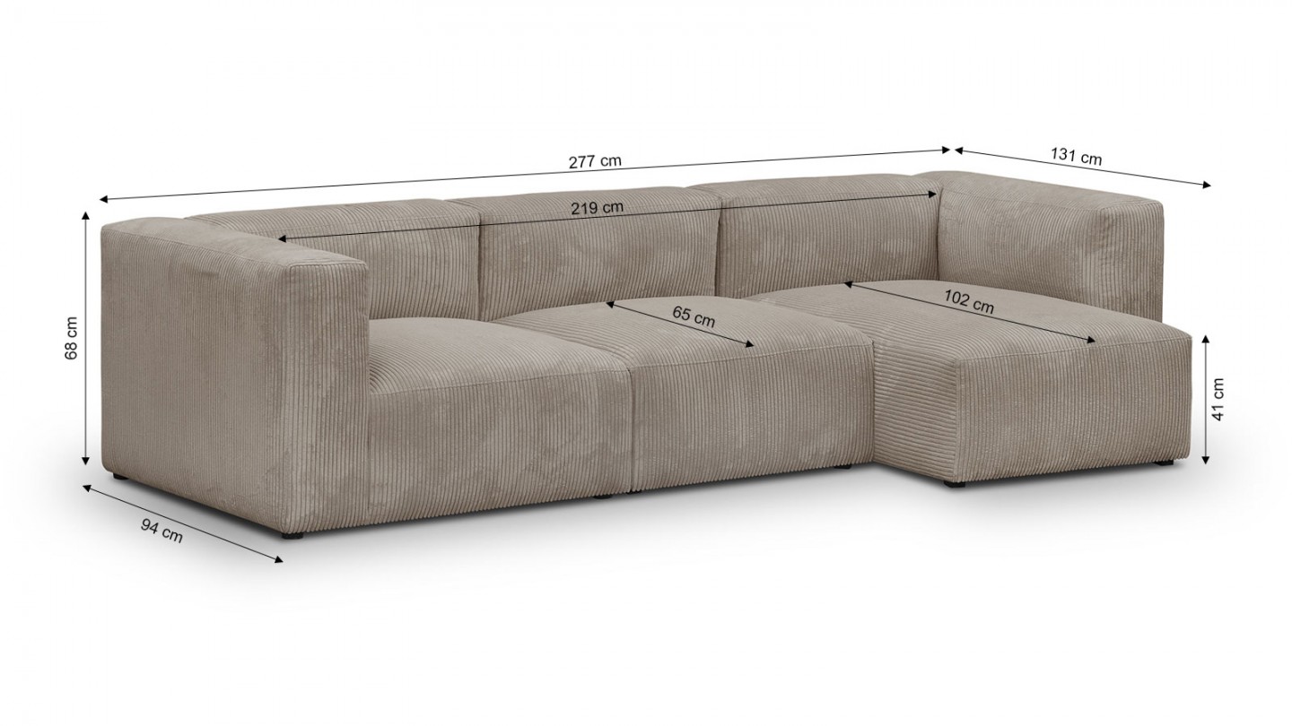 Canapé d'angle à droite modulable avec méridienne 4 places en velours côtelé taupe - Modulo New