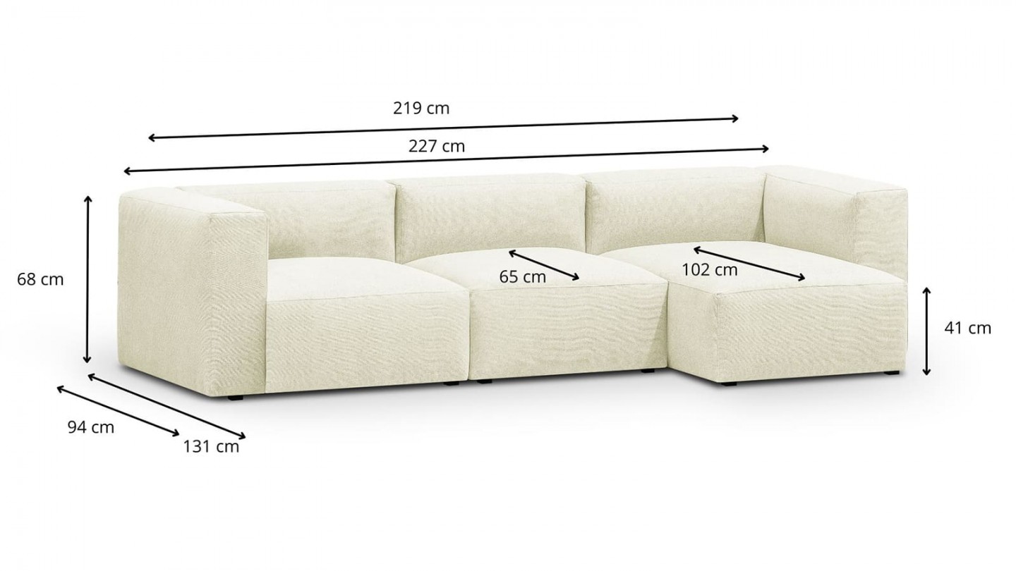 Canapé d'angle à droite modulable avec méridienne 4 places en tissu ivoire - Modulo