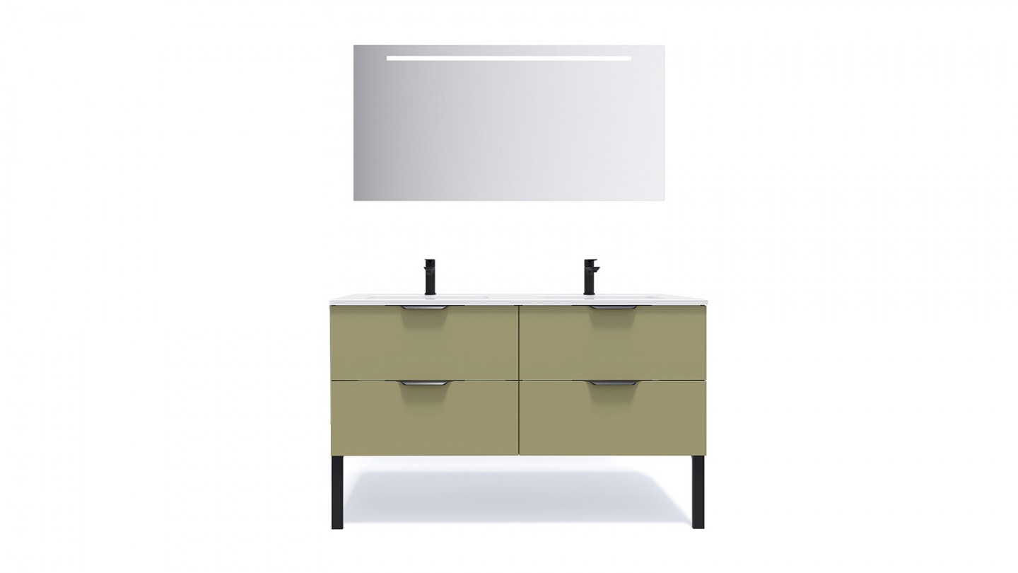 Meuble de salle de bains 140 cm Olive - 4 tiroirs - double vasque + miroir - Loft