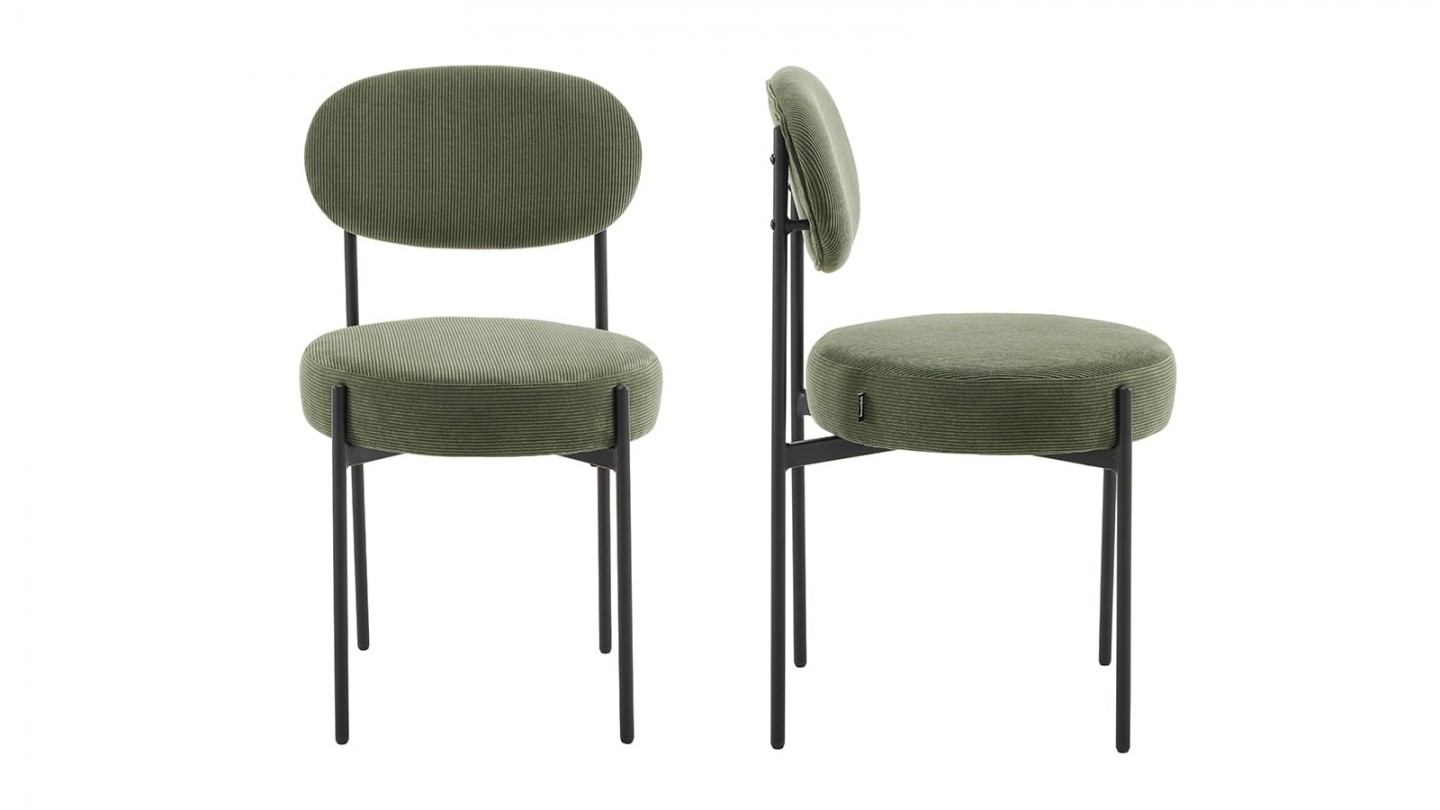 Lot de 2 chaises en velours côtelé vert, piètement métal noir - Evora