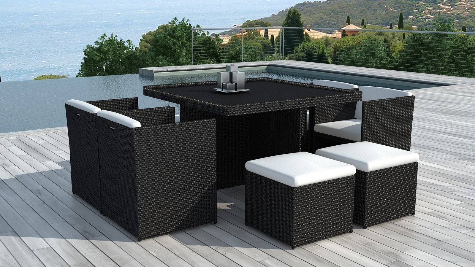 Table et fauteuils de jardin encastrables en résine tressée noire