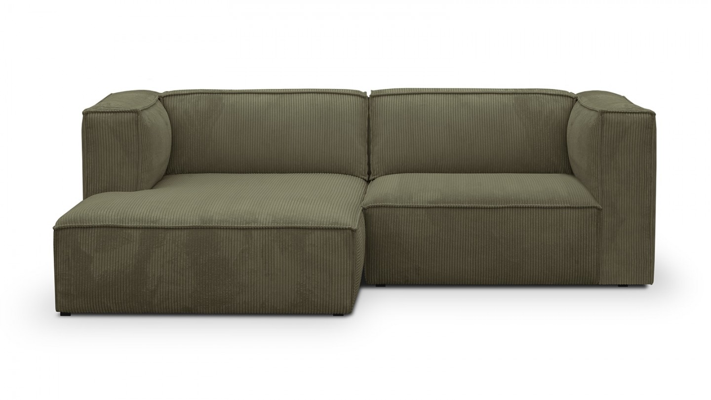 Canapé d'angle à gauche modulable avec méridienne 3 places en velours côtelé vert kaki - Rezia