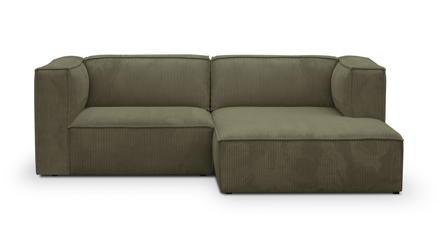 Canapé d'angle à droite modulable avec méridienne 3 places en velours côtelé vert kaki - Rezia