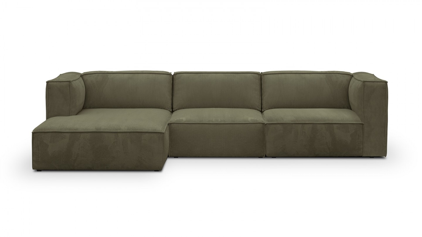 Canapé d'angle à gauche modulable avec méridienne 5 places en velours côtelé vert kaki - Rezia