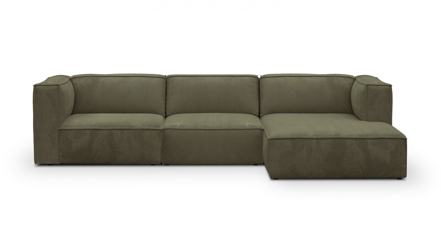 Canapé d'angle à droite modulable avec méridienne 5 places en velours côtelé vert kaki - Rezia