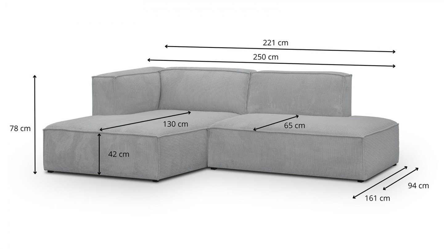 Canapé d'angle à gauche modulable avec méridienne 4 places en velours côtelé gris clair - Rezia