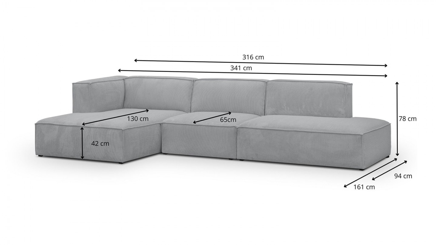 Canapé d'angle à gauche modulable avec méridienne 6 places en velours côtelé gris clair - Rezia