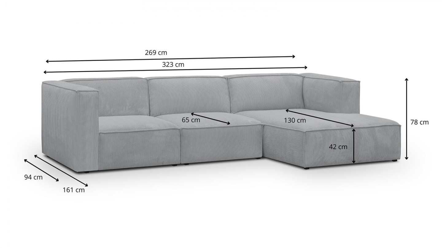 Canapé d'angle à droite modulable avec méridienne 5 places en velours côtelé gris clair - Rezia