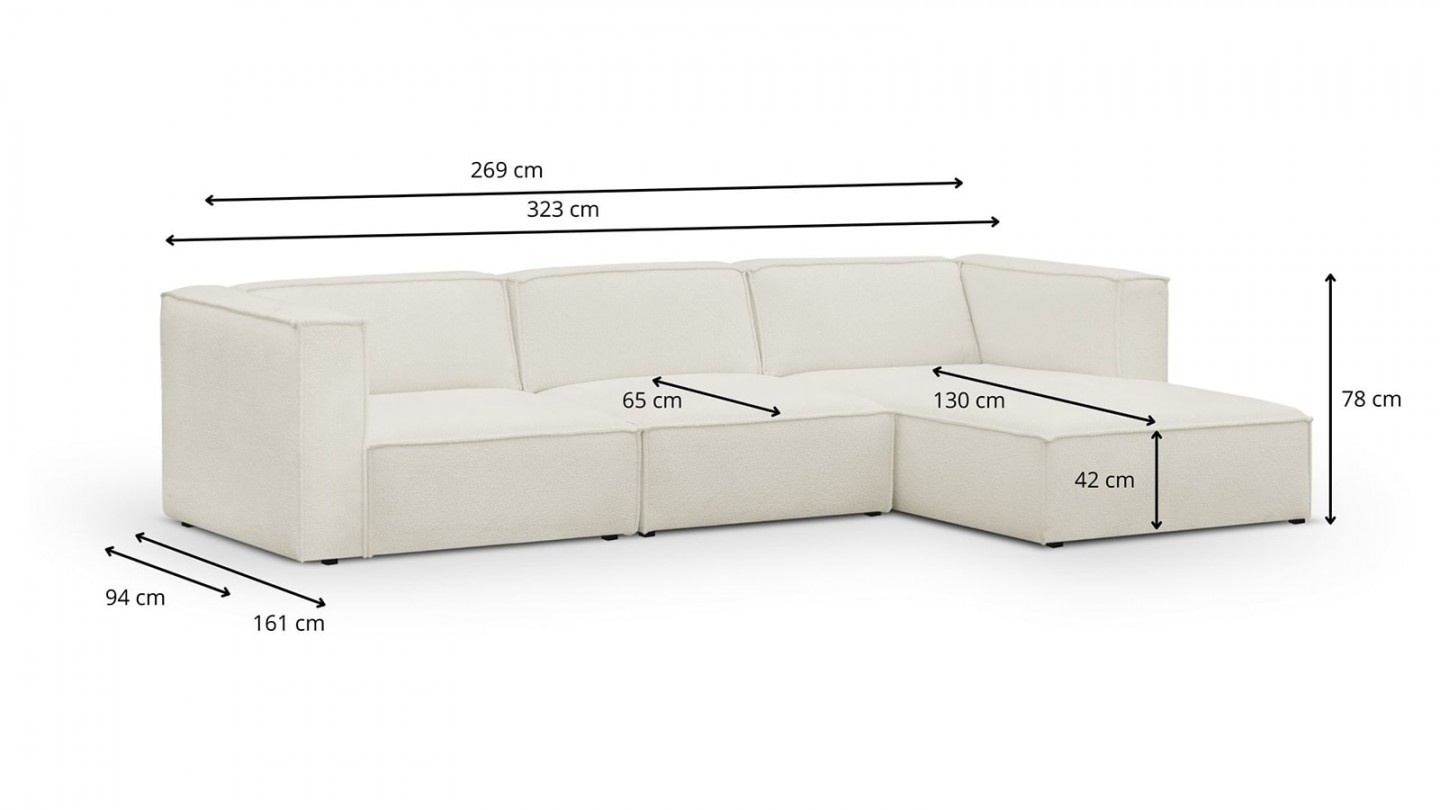 Canapé d'angle à droite modulable avec méridienne 5 places en tissu bouclette écru - Rezia