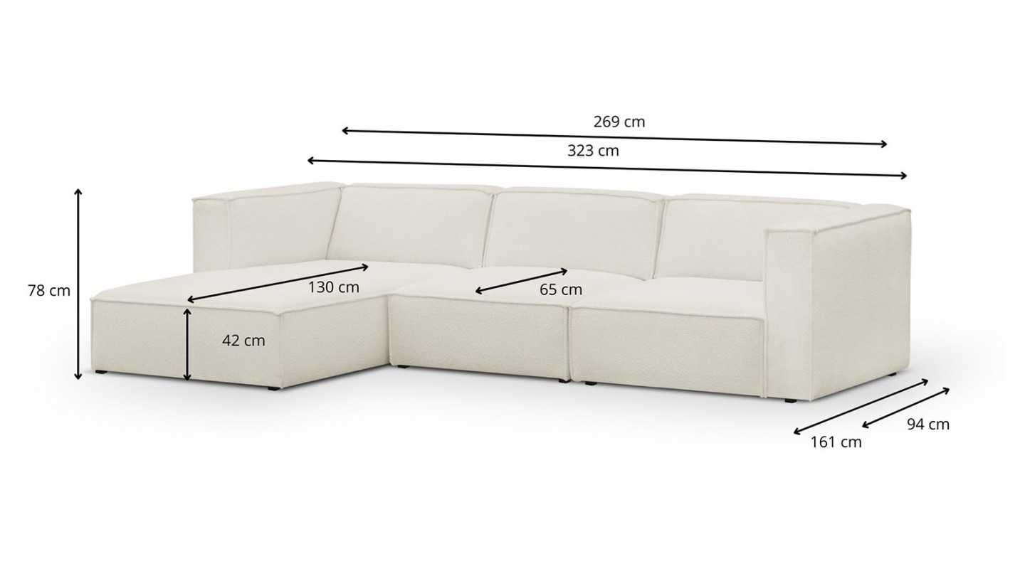 Canapé d'angle à gauche modulable avec méridienne 5 places en tissu bouclette écru - Rezia