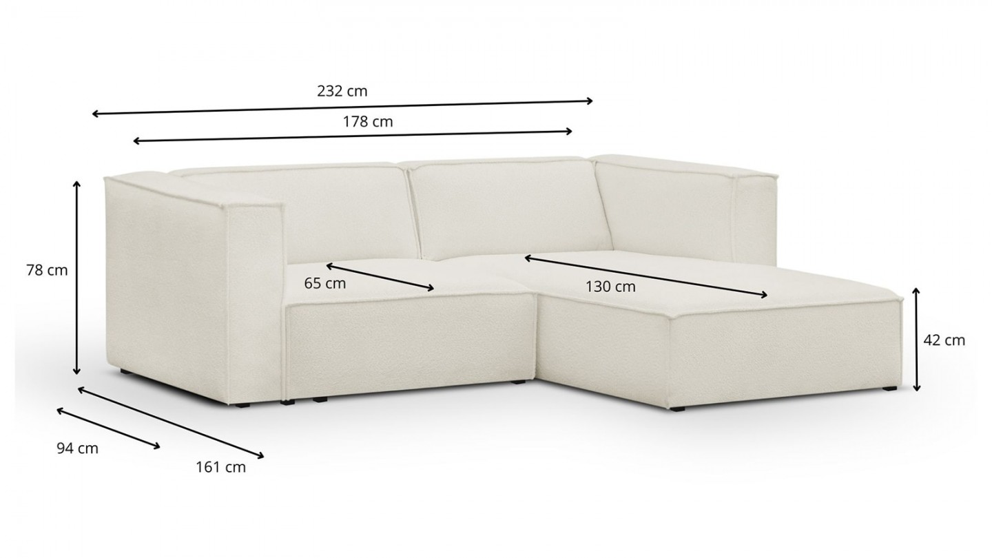 Canapé d'angle à droite modulable avec méridienne 3 places en tissu bouclette écru - Rezia