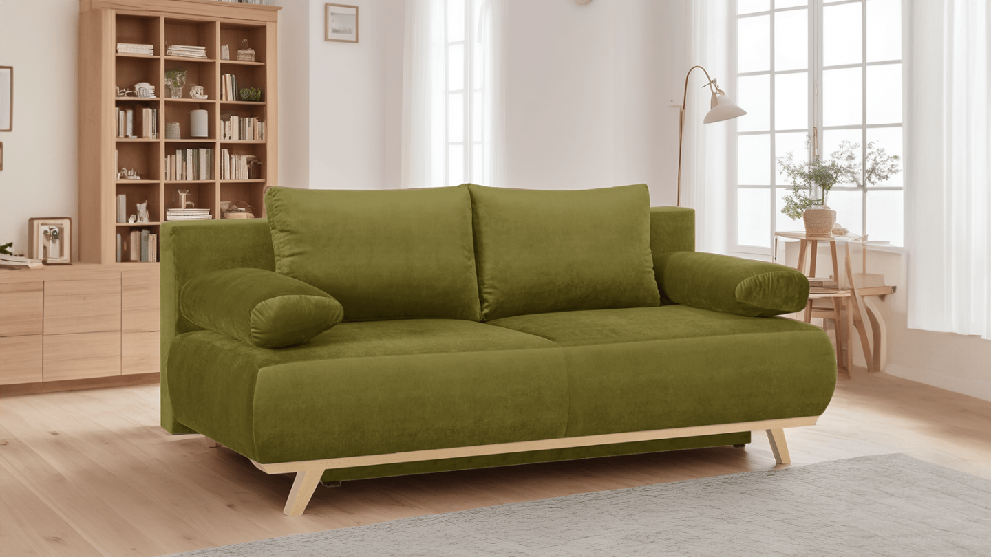 Canapé convertible 3 places avec coffre de rangement en velours vert olive - Collection Laria