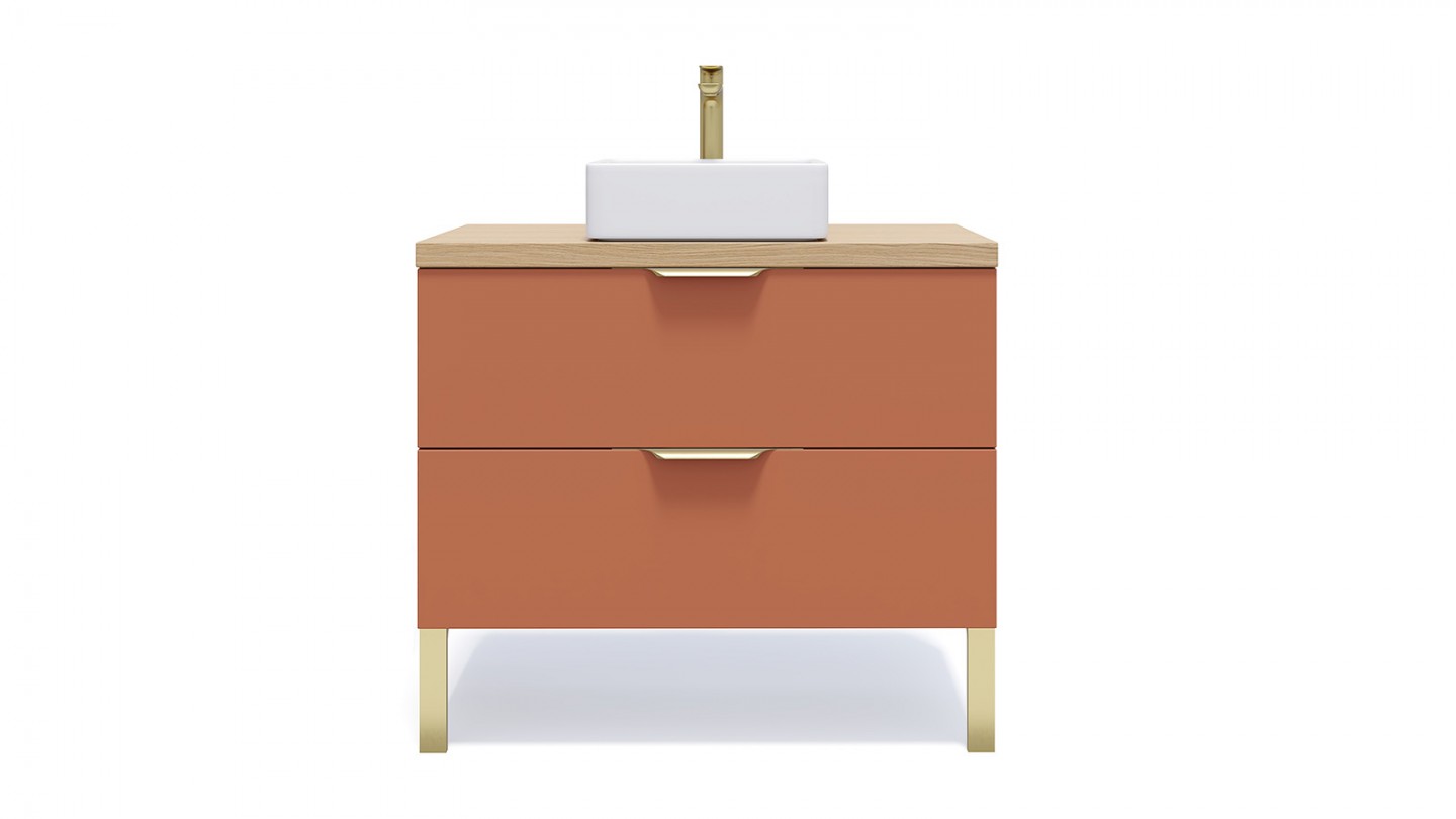 Meuble de salle de bain suspendu vasque à poser 90cm 2 tiroirs Terracotta - Swing