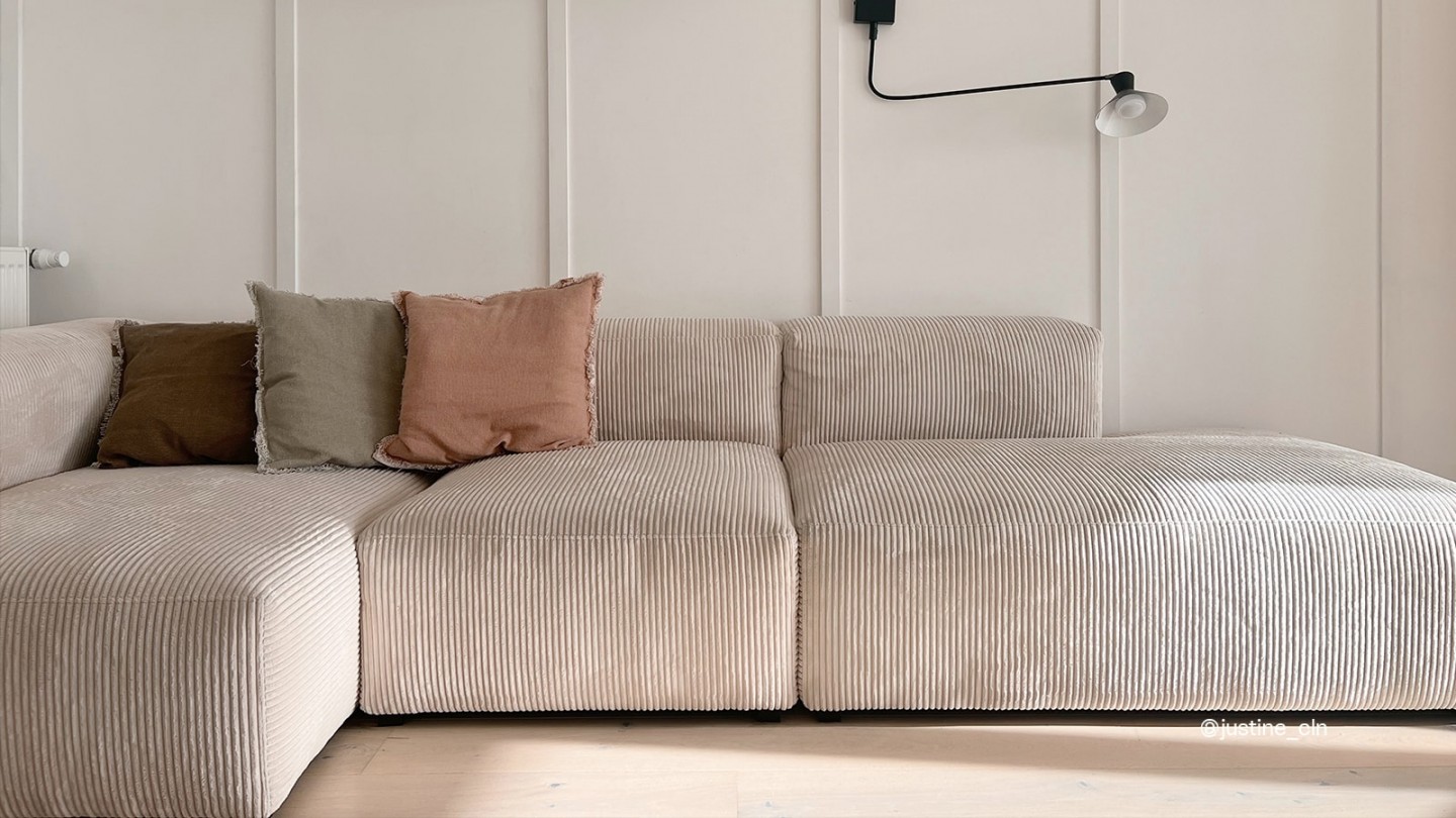 Canapé d'angle à gauche modulable avec méridienne 5 places en velours côtelé beige - Modulo
