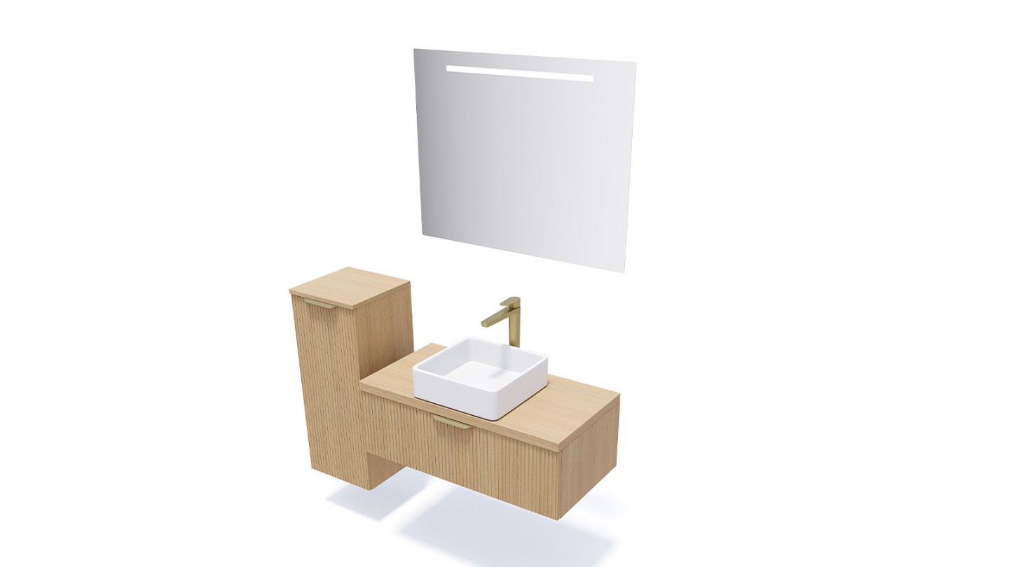 Meuble de salle de bain suspendu vasque à poser 90cm 1 tiroir Chêne cannelé + miroir - Venice