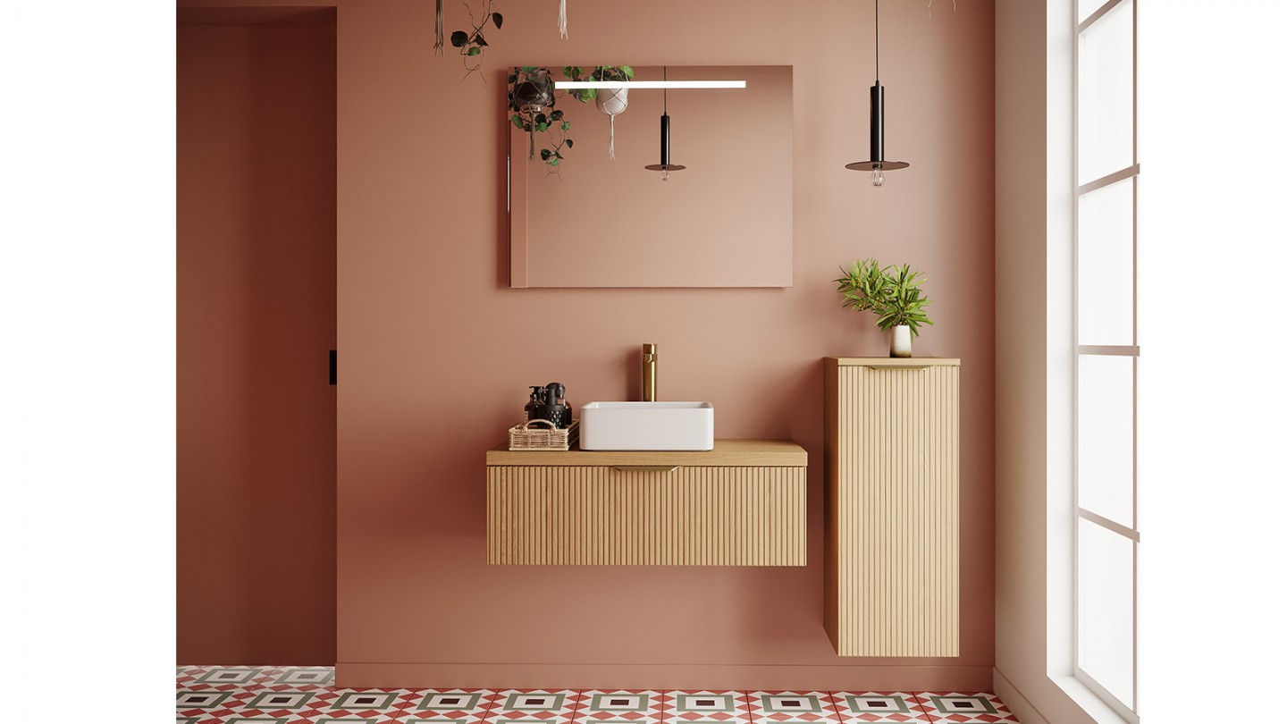 Meuble de salle de bain suspendu vasque à poser 90cm 1 tiroir Chêne cannelé + miroir + colonne ouverture droite - Venice