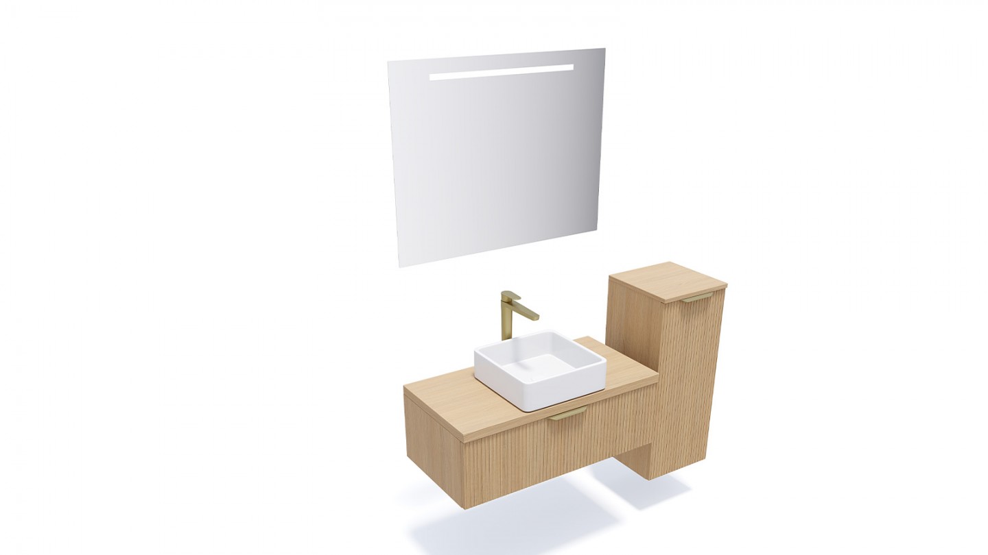 Meuble de salle de bain suspendu vasque à poser 90cm 1 tiroir Chêne cannelé + miroir + colonne ouverture droite - Venice