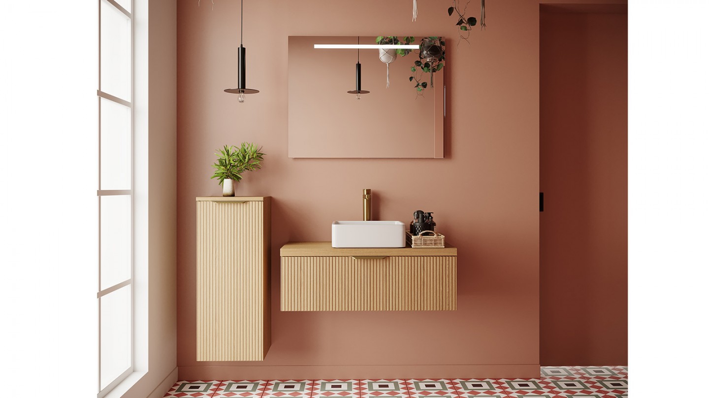 Meuble de salle de bain suspendu vasque à poser 90cm 1 tiroir Chêne cannelé + miroir + colonne ouverture gauche - Venice