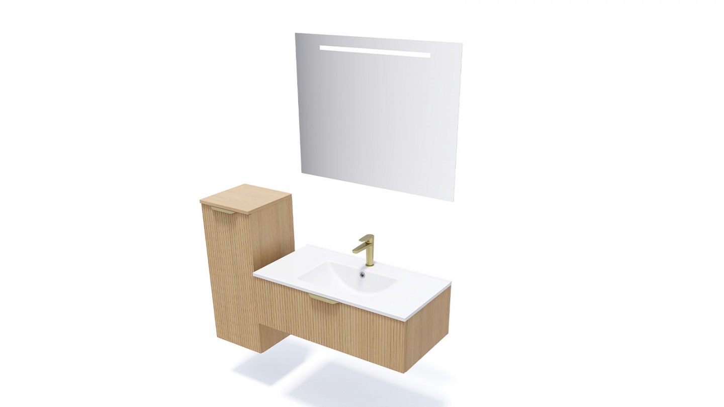 Meuble de salle de bain suspendu vasque intégrée 90cm 1 tiroir Chêne cannelé - Venice
