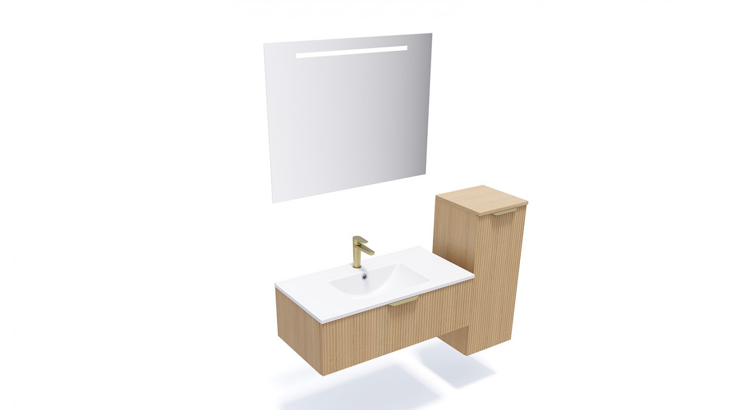 Meuble de salle de bain suspendu vasque intégrée 90cm 1 tiroir Chêne cannelé + miroir + colonne ouverture droite - Venice