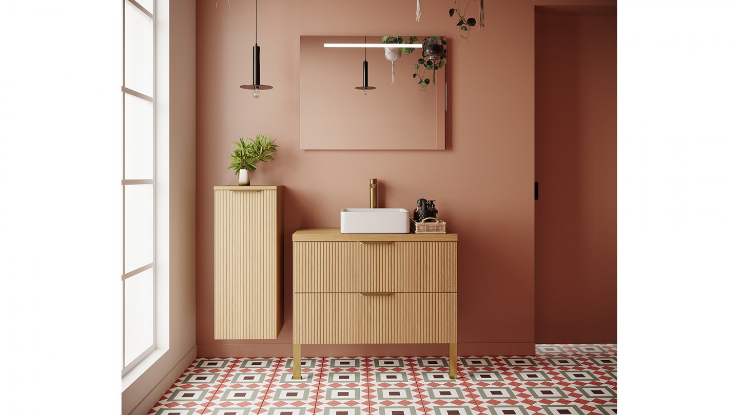 Meuble de salle de bain suspendu vasque à poser 90cm 2 tiroirs Chêne cannelé + miroir + colonne ouverture gauche - Venice