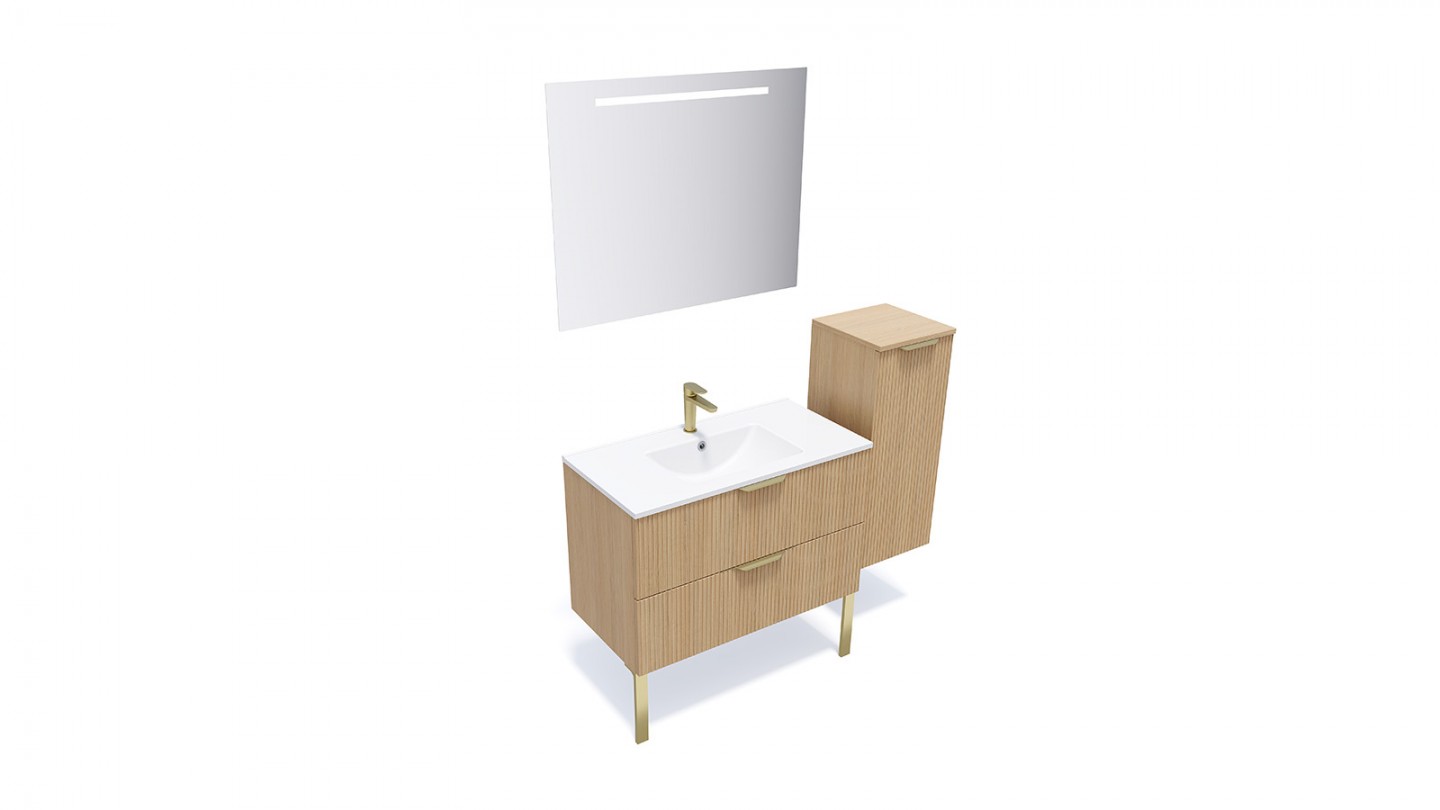 Meuble de salle de bain suspendu vasque intégrée 90cm 2 tiroirs Chêne cannelé + miroir + colonne ouverture droite - Venice