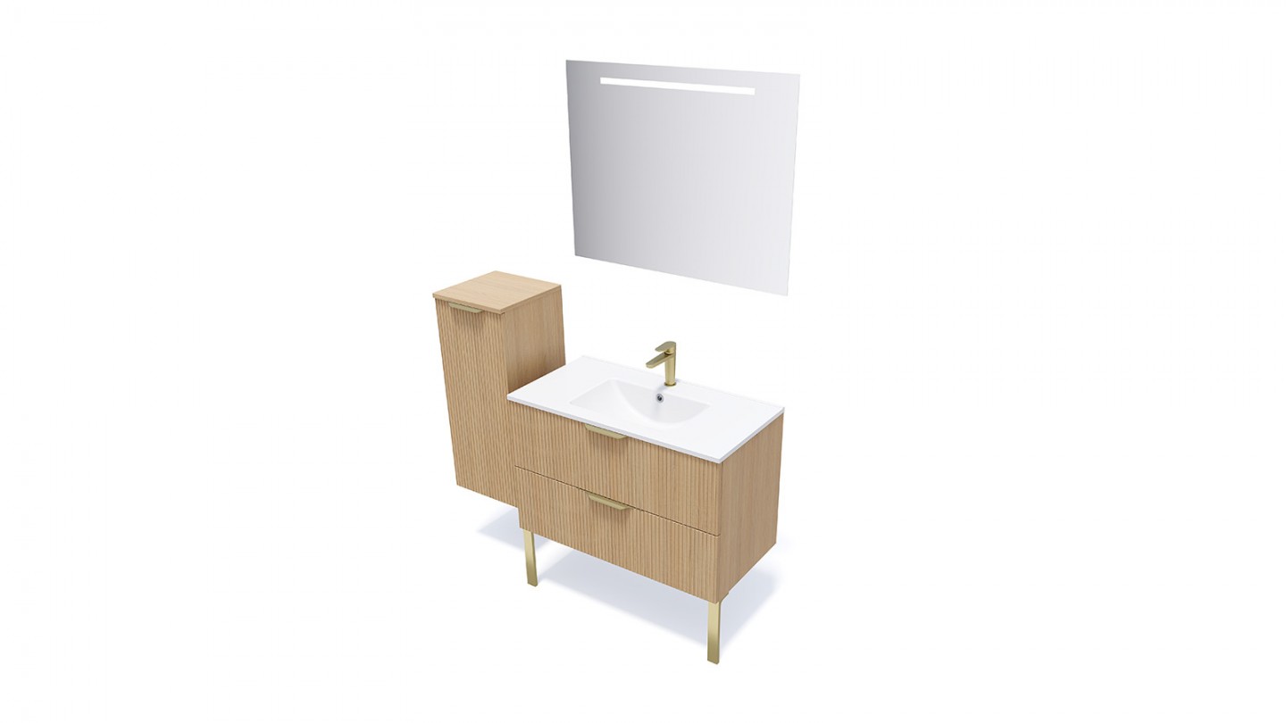 Meuble de salle de bain suspendu vasque intégrée 90cm 2 tiroirs Chêne cannelé + miroir + colonne ouverture gauche - Venice