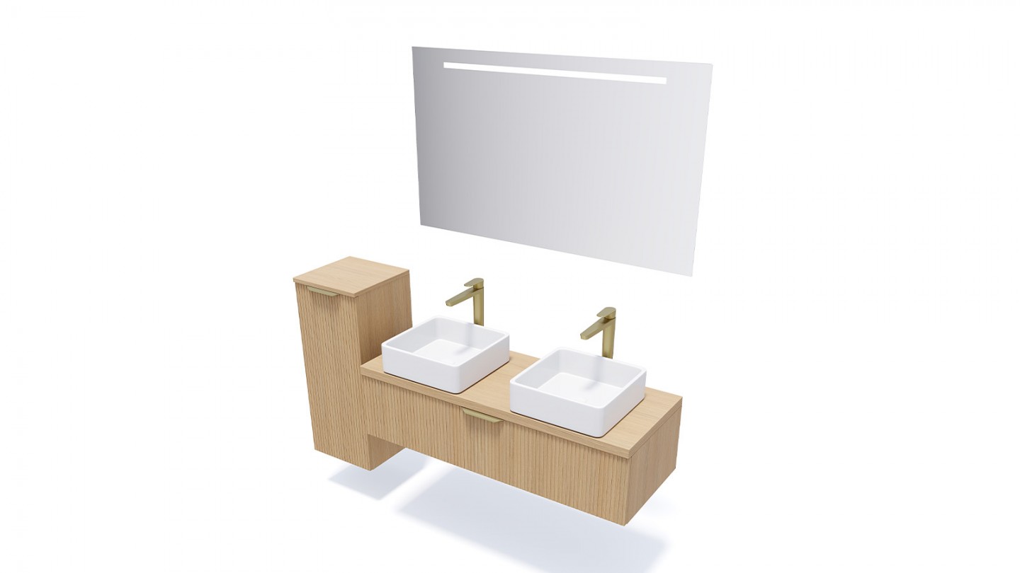 Meuble de salle de bain suspendu 2 vasques à poser 120cm 1 tiroir Chêne cannelé + miroir - Venice