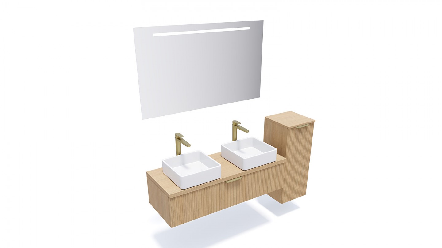 Meuble de salle de bain suspendu 2 vasques à poser 120cm 1 tiroir Chêne cannelé + miroir + colonne ouverture droite - Venice