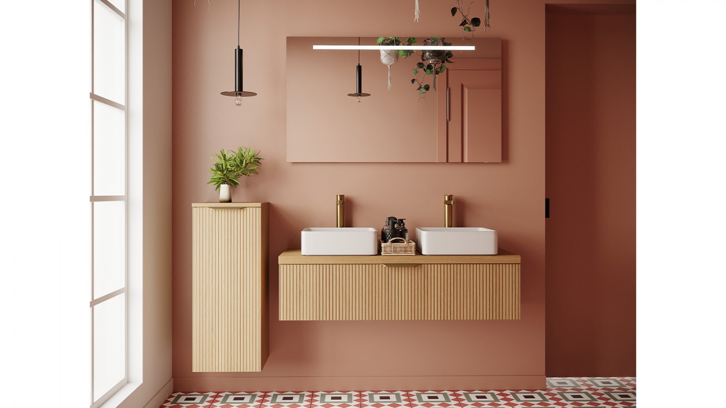 Meuble de salle de bain suspendu 2 vasques à poser 120cm 1 tiroir Chêne cannelé + miroir + colonne ouverture gauche - Venice