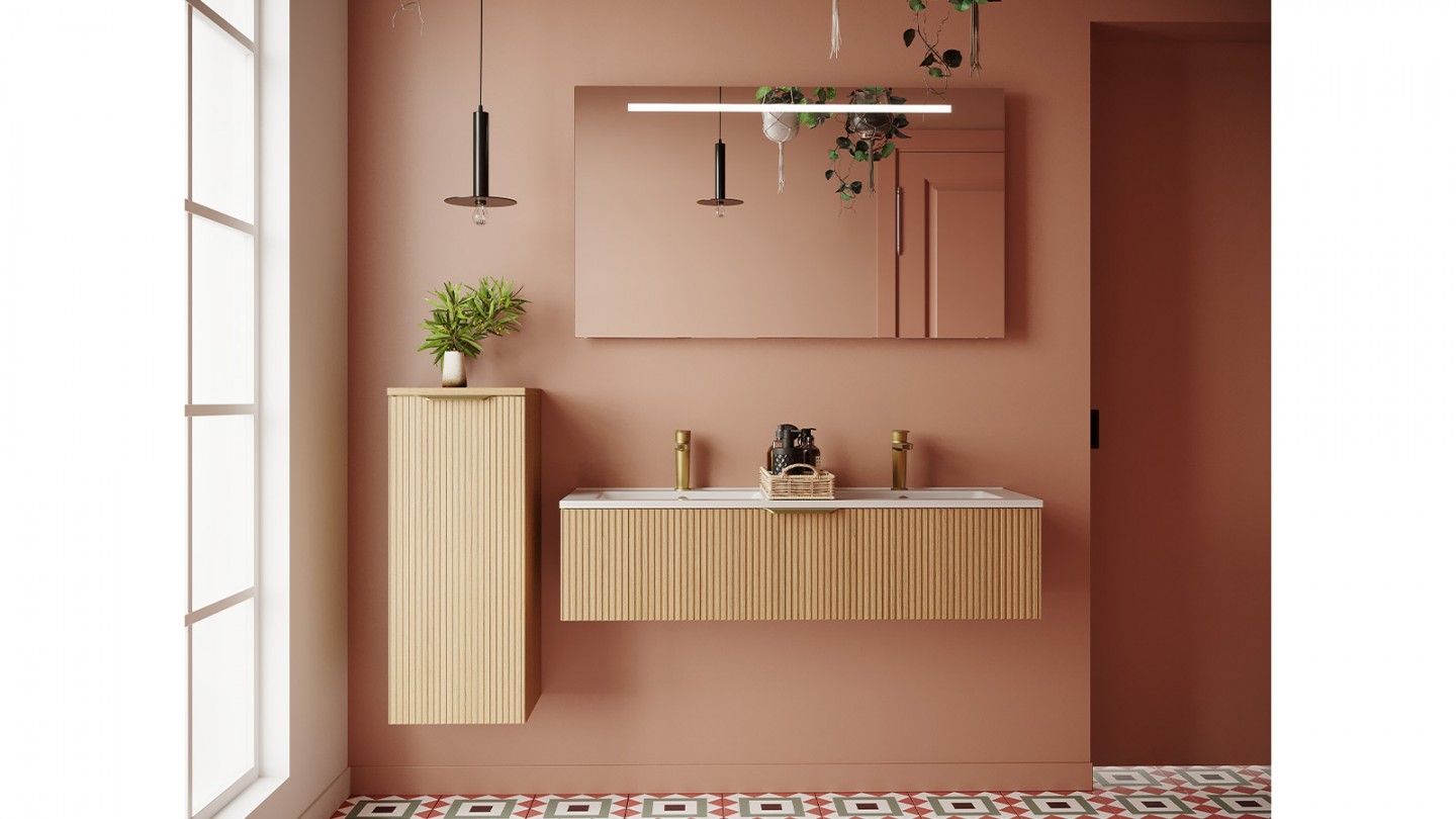 Meuble de salle de bain suspendu double vasque intégrée 120cm 1 tiroir Chêne cannelé + miroir - Venice