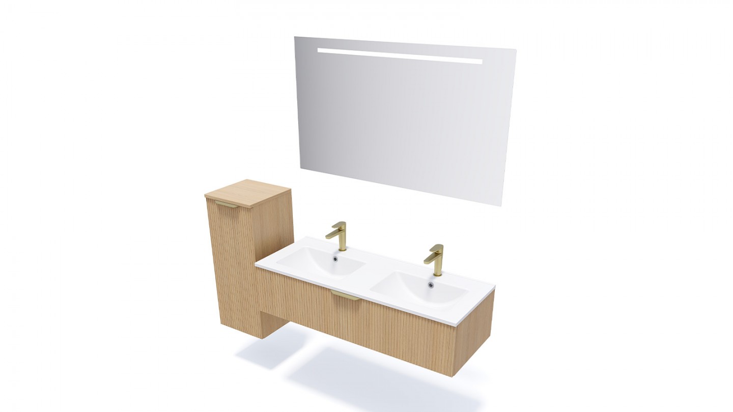 Meuble de salle de bain suspendu double vasque intégrée 120cm 1 tiroir Chêne cannelé + miroir +colonne ouverture gauche - Venice