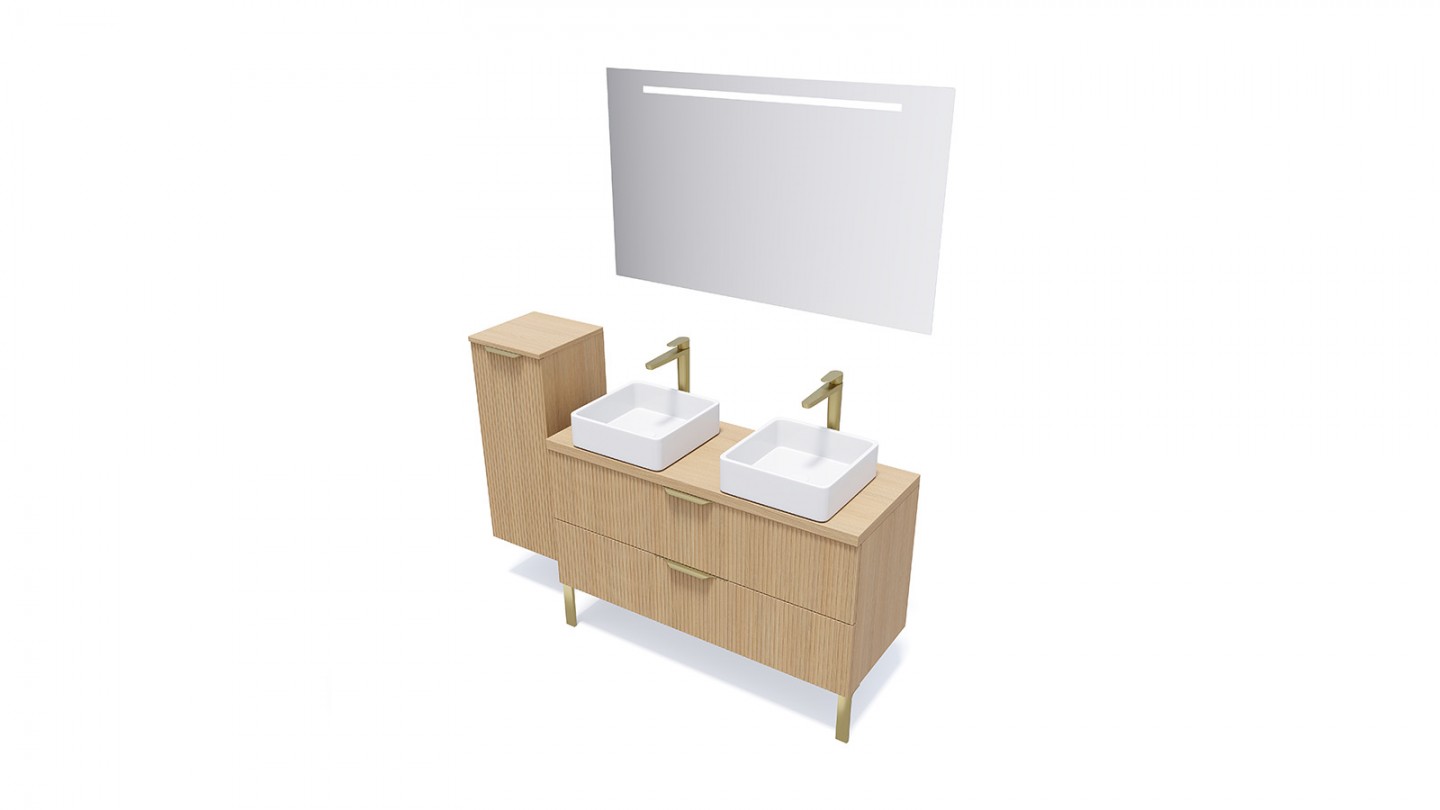 Meuble de salle de bain suspendu 2 vasques à poser 120cm 2 tiroirs Chêne cannelé - Venice