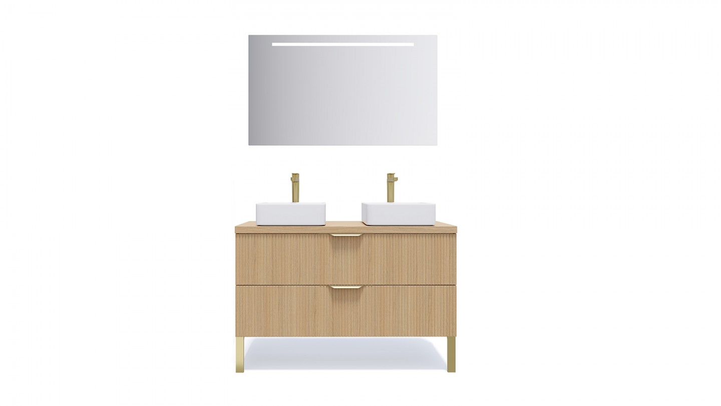 Meuble de salle de bain suspendu 2 vasques à poser 120cm 2 tiroirs Chêne cannelé + miroir - Venice