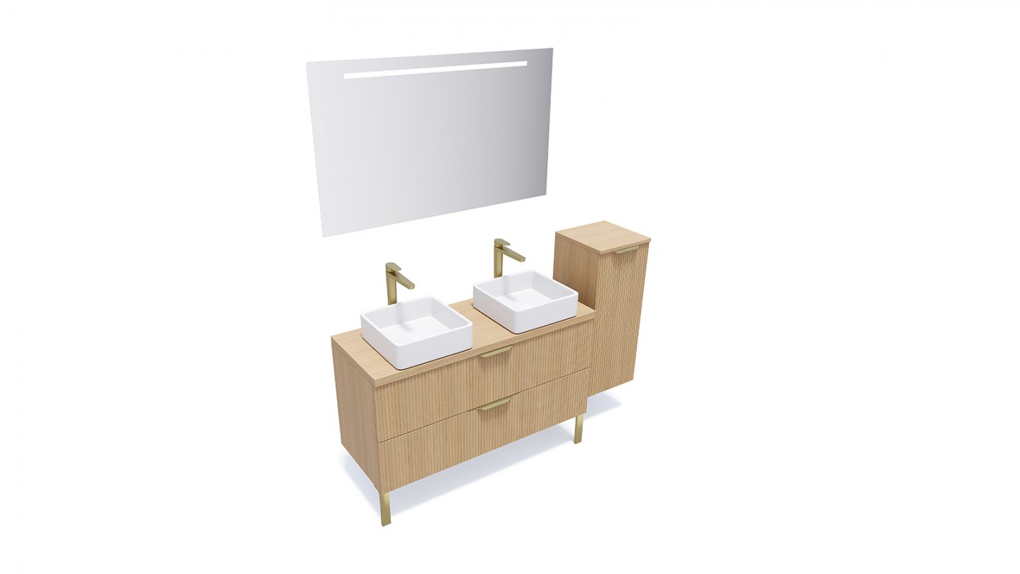 Meuble de salle de bain suspendu 2 vasques à poser 120cm 2 tiroirs Chêne cannelé + miroir + colonne ouverture droite - Venice