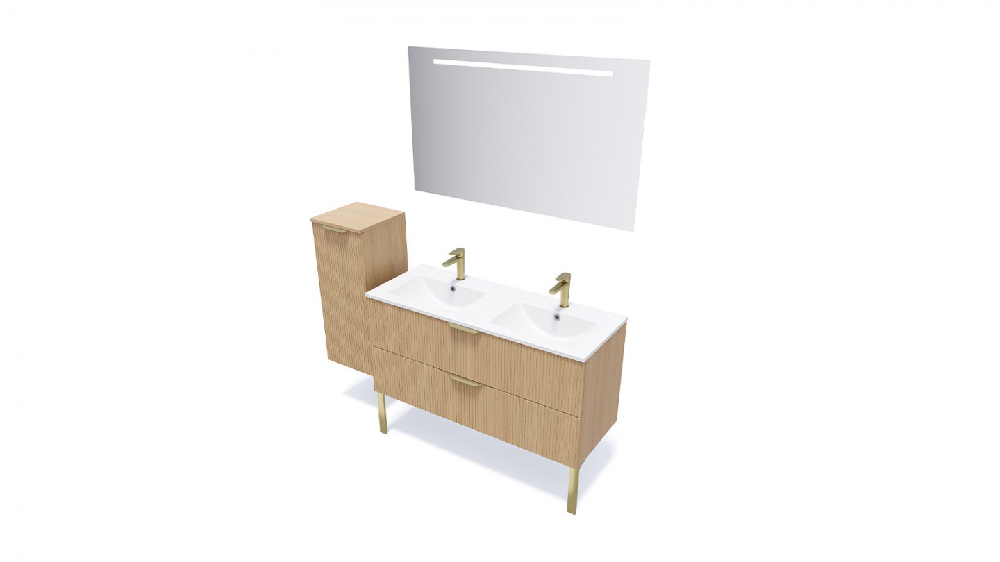 Meuble de salle de bain suspendu double vasque intégrée 120cm 2 tiroirs Chêne cannelé - Venice