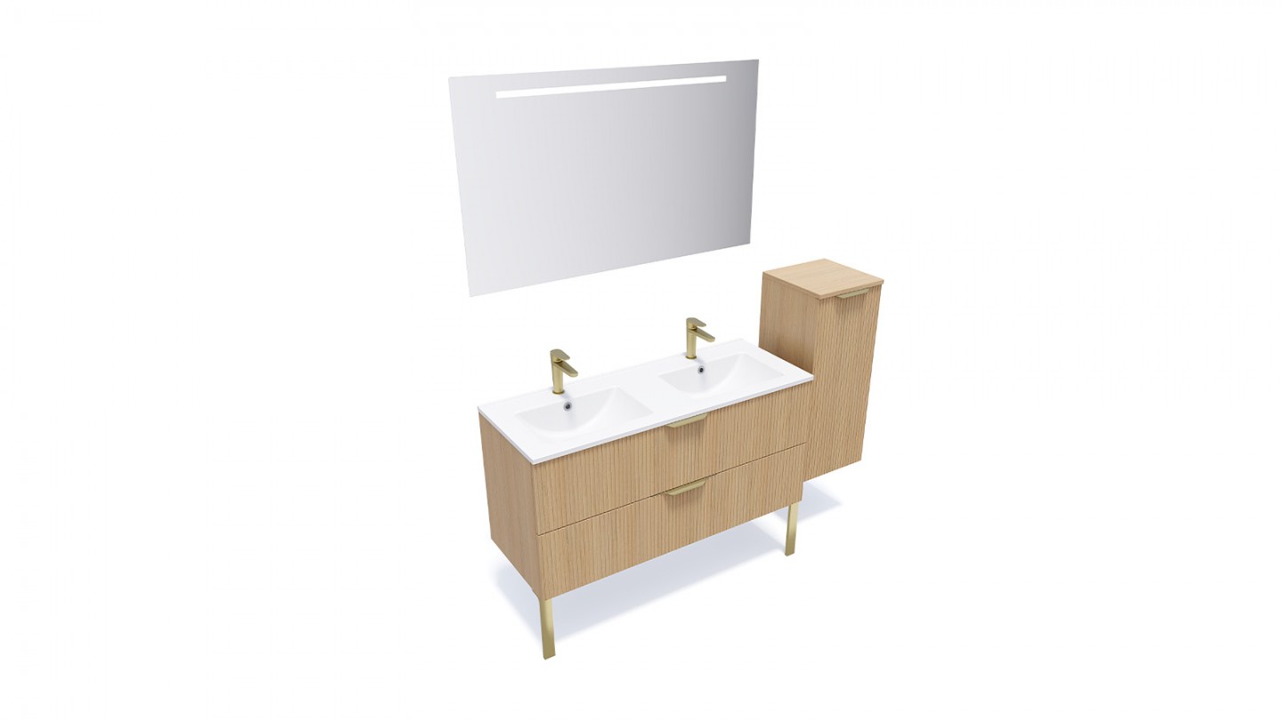 Meuble de salle de bain suspendu double vasque intégrée 120cm 2 tiroirs Chêne cannelé +miroir +colonne ouverture droite - Venice