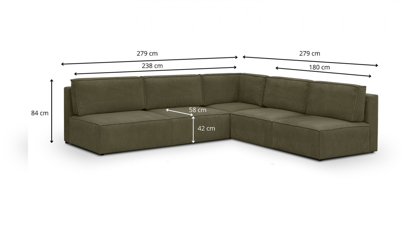 Canapé d'angle à droite modulable 8 places en velours côtelé vert kaki - Harper Mod