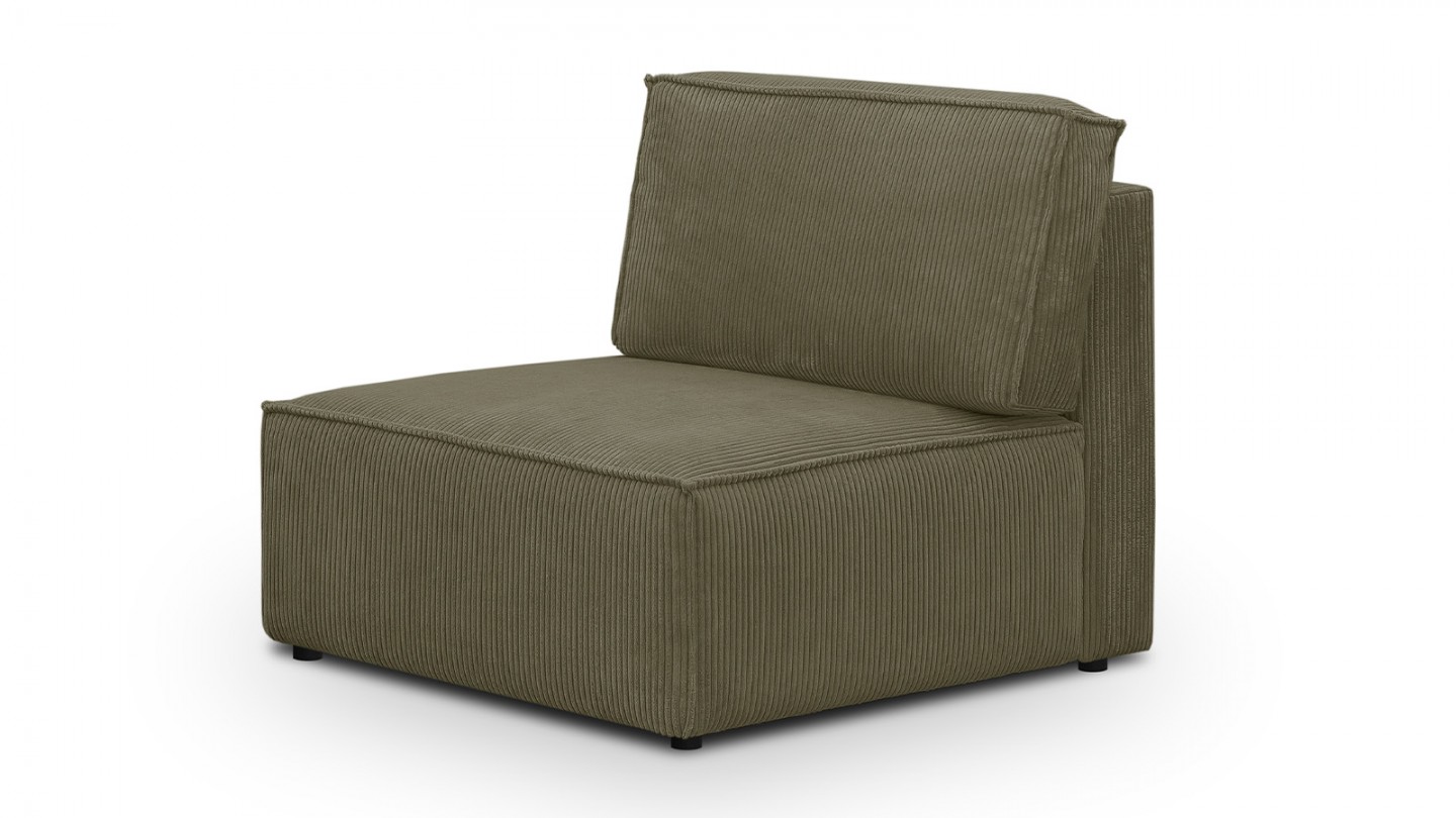 Canapé d'angle à gauche modulable 4 places avec 2 poufs en velours côtelé vert kaki - Harper Mod