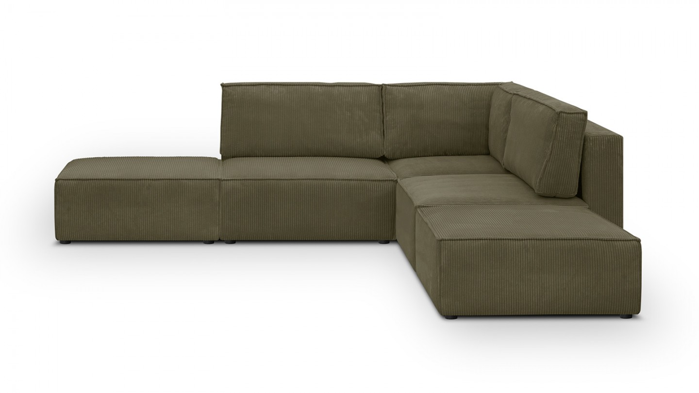 Canapé d'angle à droite modulable 4 places avec 2 poufs en velours côtelé vert kaki - Harper Mod