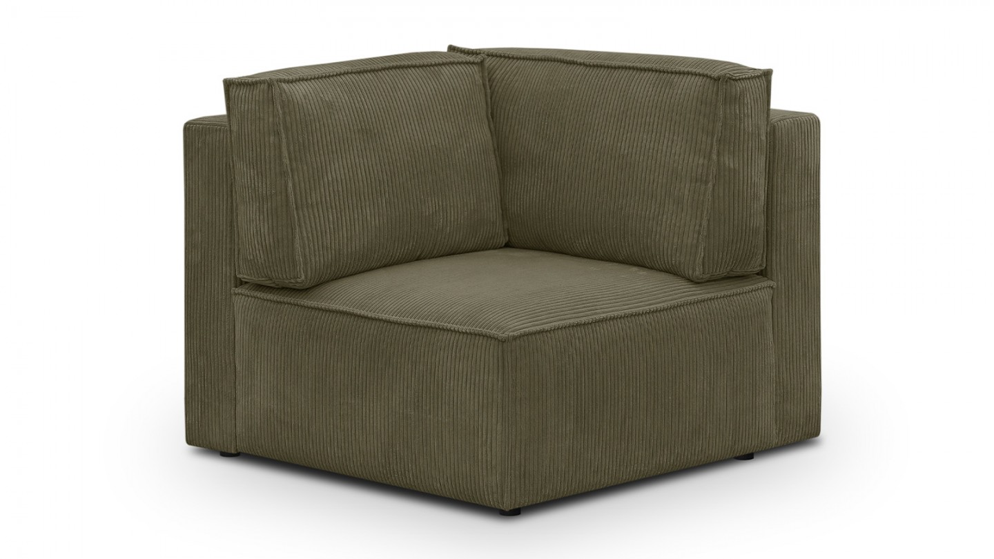 Canapé d'angle à droite modulable 4 places avec 2 poufs en velours côtelé vert kaki - Harper Mod